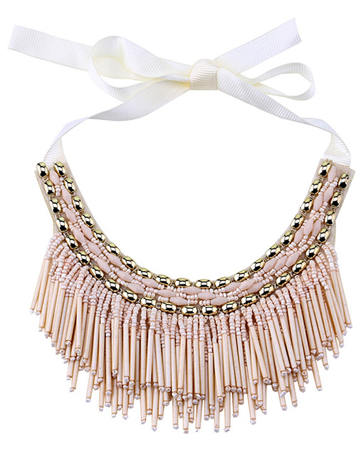 Vintage Beige Beads Decorated Tassel Design Necklace