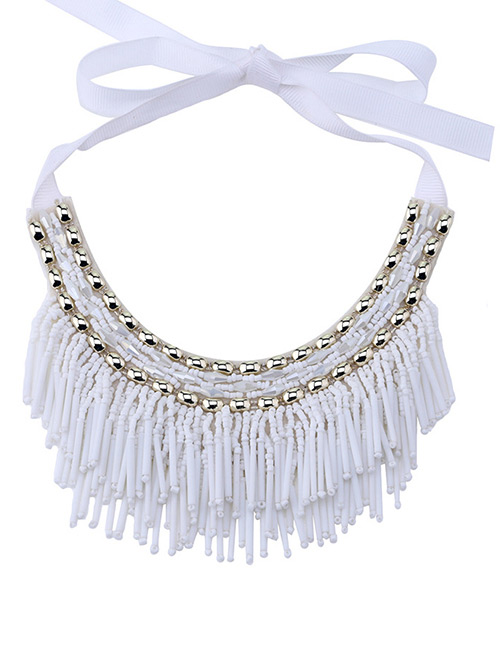 Vintage White Beads Decorated Tassel Design Necklace