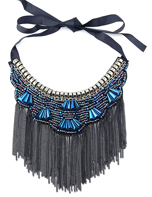 Vintage Sapphire Blue Long Tassel Decorated Simple Necklace