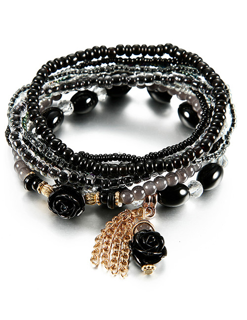 Vintage Black Flower&tassel Decorated Multi-layer Beads Bracelet