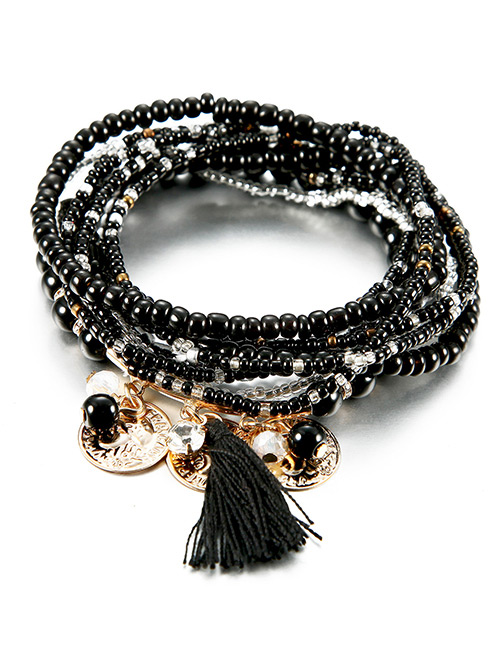 Vintage Black Coins&tassel Decorated Multi-layer Beads Bracelet
