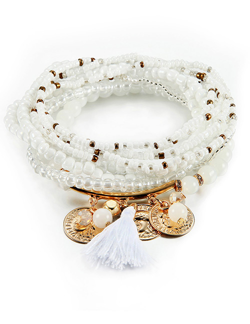 Vintage White Coins&tassel Decorated Multi-layer Beads Bracelet