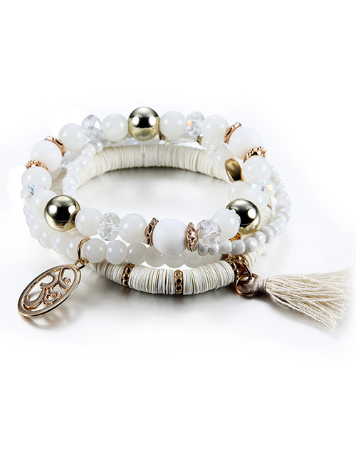 Vintage White Circular Ring&tassel Decorated Beads Bracelet