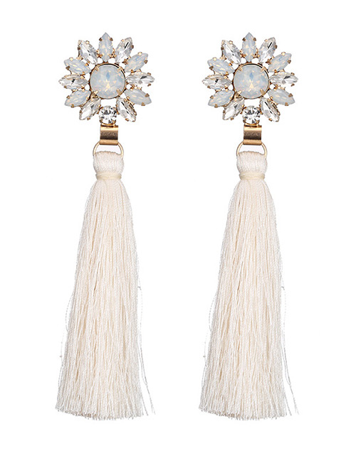 Trendy White Diamond Decorated Long Tassel Earrings