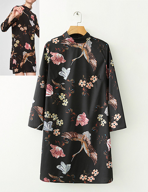 Fashion Black Crane&flowers Decorated Simple Dress