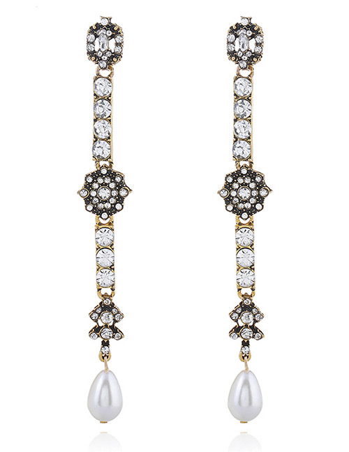 Fashion Antique Gold Diamond&pearl Decorated Long Earrings