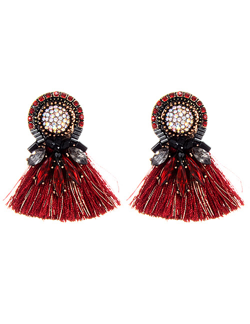 Fashion Claret Red Diamond Decorated Tassel Earrings