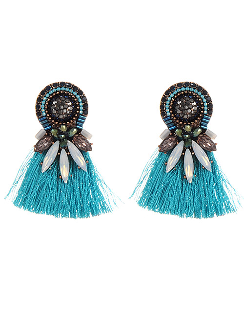 Fashion Blue Diamond Decorated Tassel Earrings