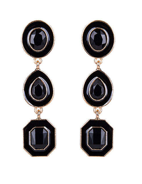 Exaggerated Black Geometric Shape Gemstone Decorated Earrings