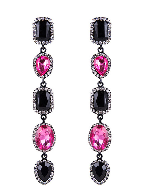 Trendy Pink Gemstone Decorated Long Earrings