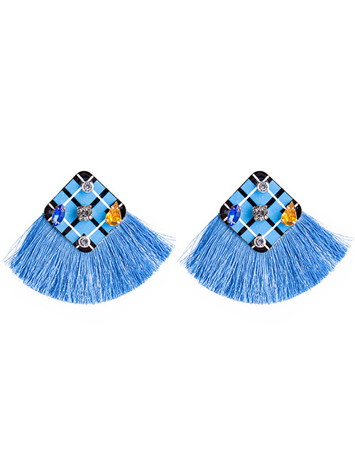 Vintage Blue Diamond Decorated Tassel Earrings