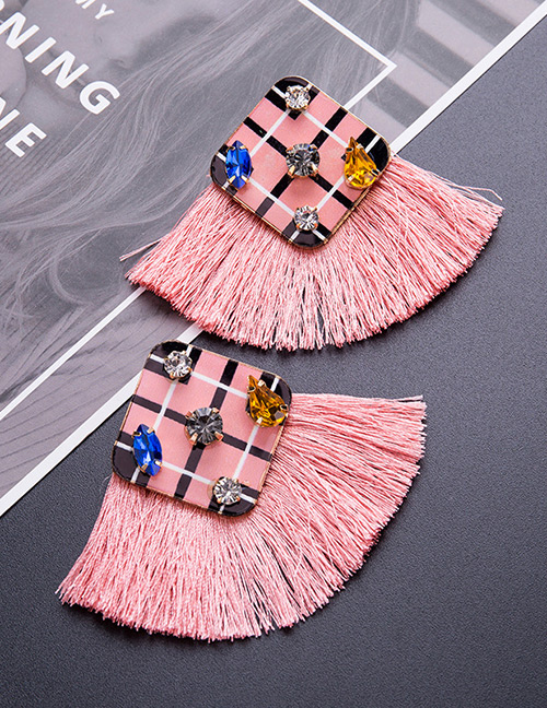 Vintage Pink Diamond Decorated Tassel Earrings