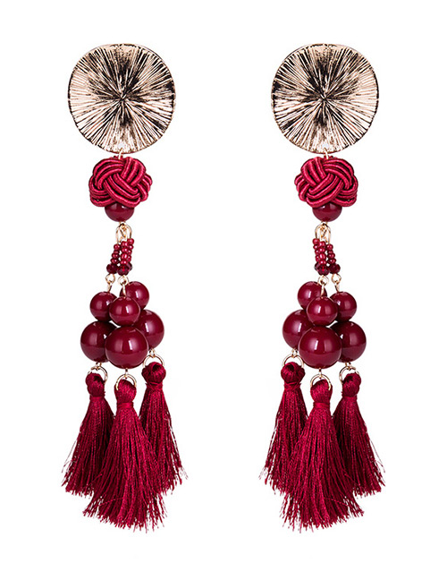 Exaggerated Red Beads Decorated Long Tassel Earrings