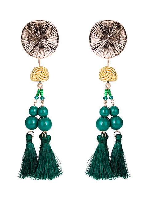 Exaggerated Green Beads Decorated Long Tassel Earrings