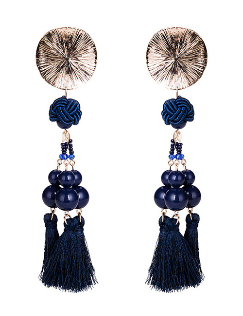 Exaggerated Blue Beads Decorated Long Tassel Earrings