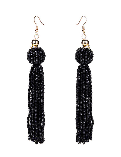 Exaggerated Black Pure Color Design Tassel Design Beads Earrings