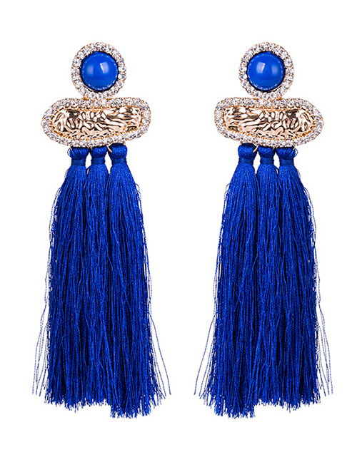 Personality Blue Full Diamond Decorated Tassel Earrings