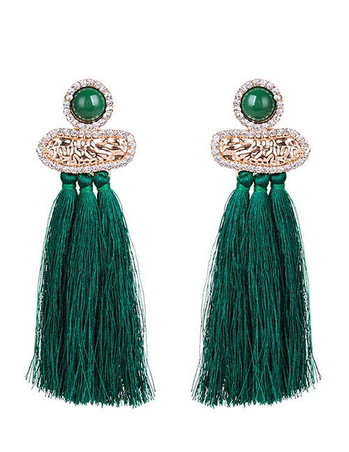 Personality Green Full Diamond Decorated Tassel Earrings