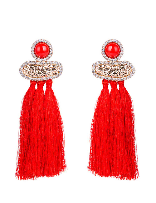 Personality Red Full Diamond Decorated Tassel Earrings