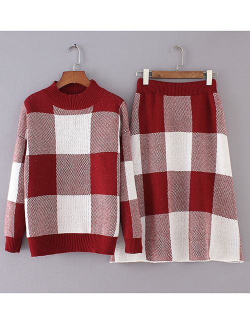 Fashion Red+white Grid Pattern Decorated Dress Suits