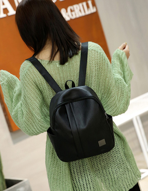Fashion Black Pure Color Decorated Simple Backpack