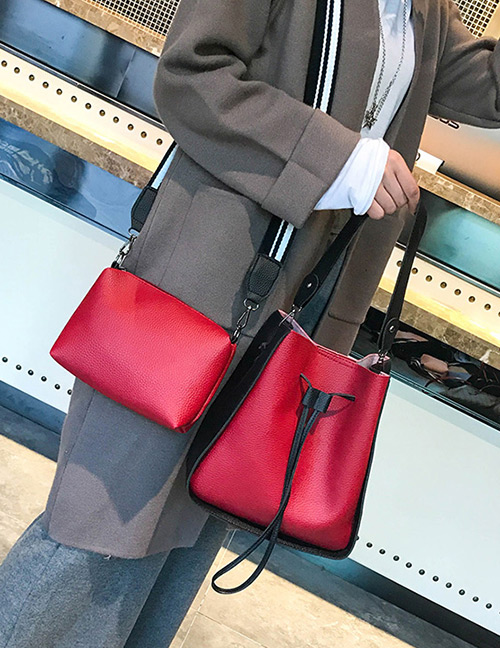 Fashion Red Pure Color Decorated Shoulder Bag(2pcs)