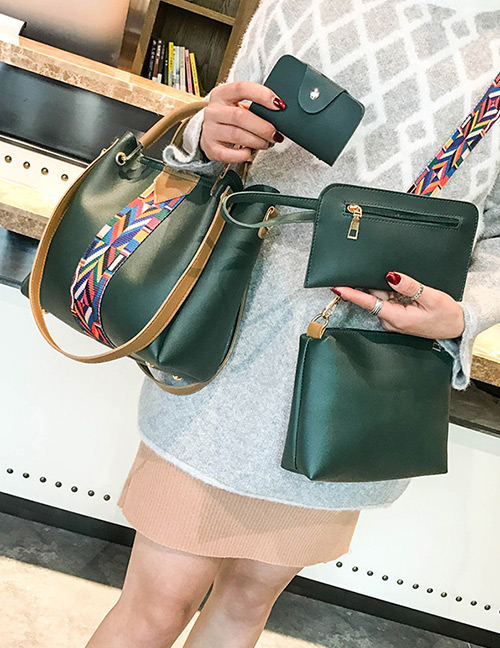 Fashion Green Coloured Ribbon Decorated Handbag(4pcs)