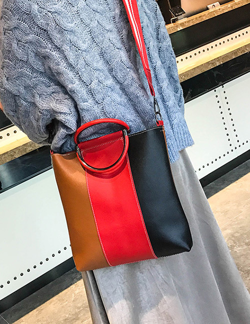 Fashion Red+brown Color Matching Decorated Handbag(4pcs)