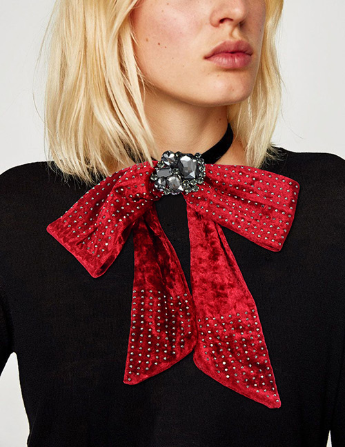 Fashion Red Rivet Decorated Pure Color Bowknot Brooch