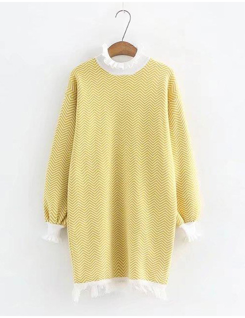 Fashion Yellow Tassel Decorated Long Sleeves Long Sweater