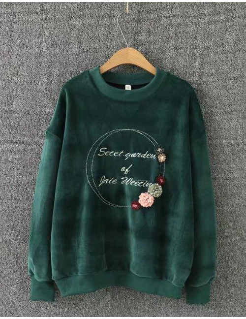 Fashion Green Embroidery Letter Decorated Round Neckline Sweater