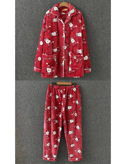 Fashion Red Rabbit Pattern Decorated Warming Pajamas Suit