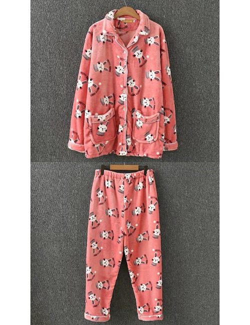Fashion Pink Rabbit Pattern Decorated Warming Pajamas Suit