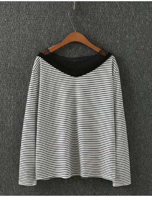 Fashion White Stripe Pattern Decorated V Neckline Shirt