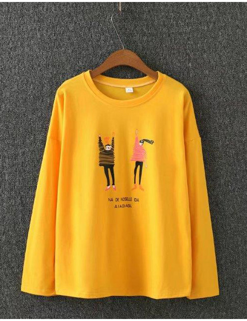 Fashion Yellow Boy&girl Pattern Decorated Round Neckline Shirt