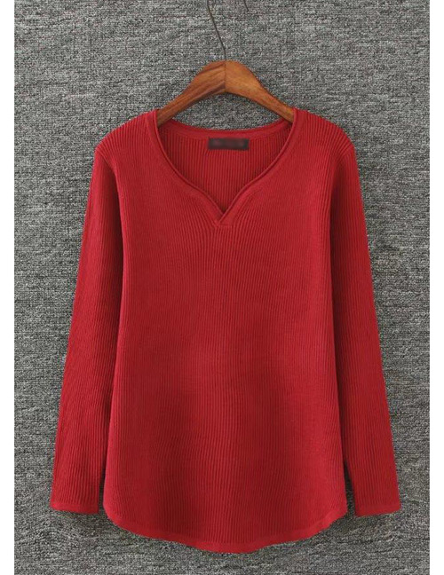 Fashion Red Heart Shape Neckline Design Pure Color Sweater