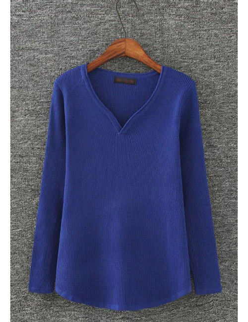 Fashion Sapphire Blue Heart Shape Neckline Design Pure Color Sweater