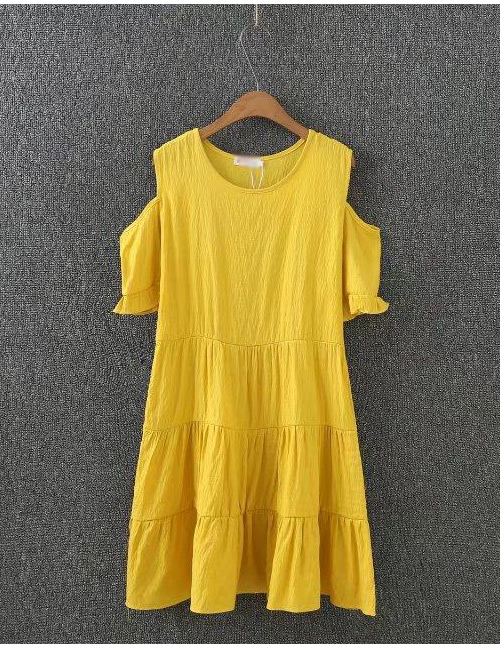 Fashion Yellow Pure Color Decorated A Shape Desing Dress