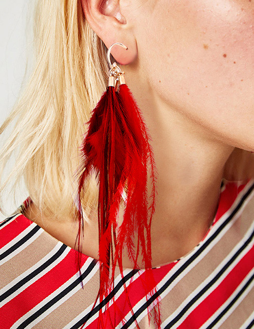 Fashion Red Feather Pendant Decorated Simple Earrings