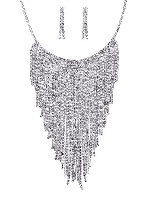 Fashion Silver Color Full Diamond Decorated Tassel Jewelry Sets