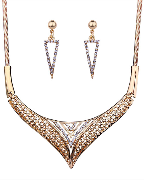 Fashion Gold Color Diamond Decorated Triangle Shape Jewelry Sets