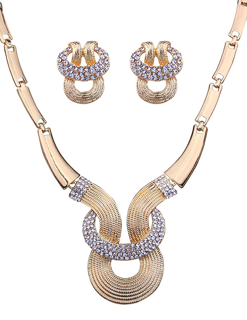 Fashion Gold Color Diamond Decorated Geometric Shape Jewelry Sets