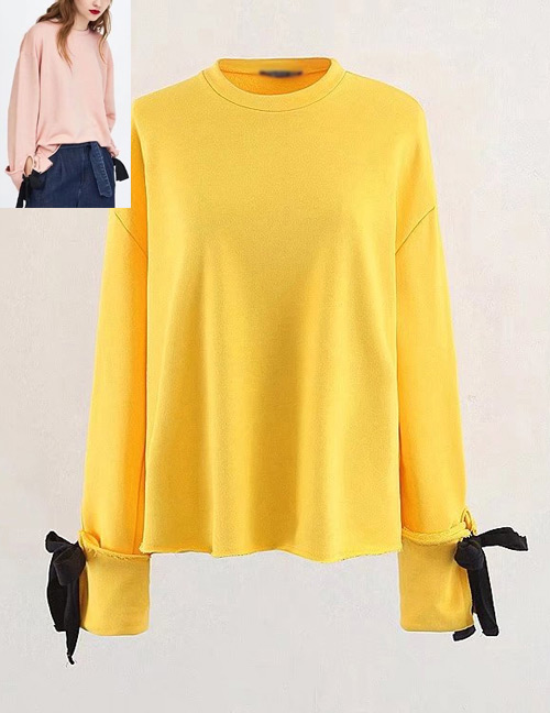 Fashion Yellow Bowknot Decorated Long Sleeves Blouse