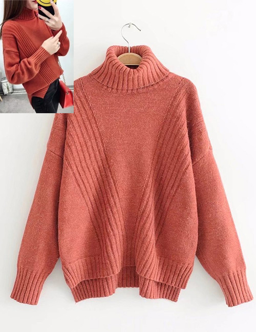 Fashion Red Pure Color Decorated High-neckline Sweater