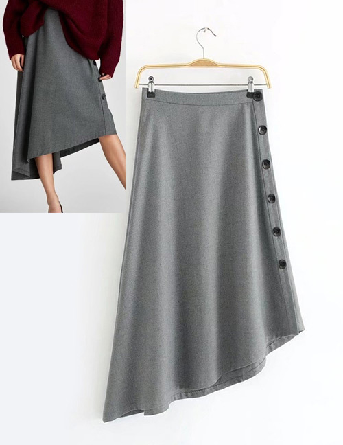 Fashion Gray Buttons Decorated Pure Color Asymmetric Skirt