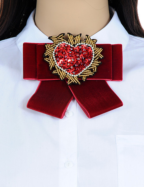 Trendy Claret Red Heart Shape Decorated Bowknot Brooch