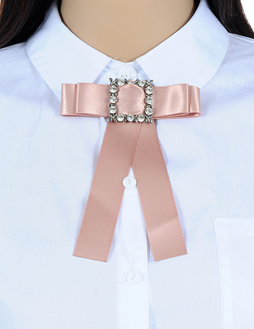 Fashion Light Pink Square Shape Diamond Decorated Bowknot Brooch