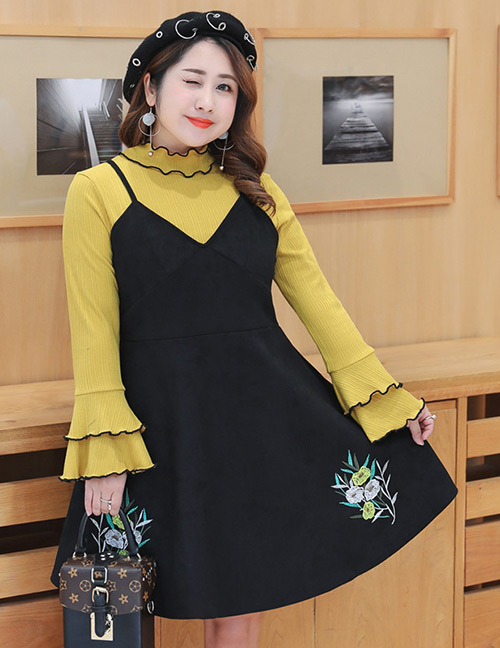 Fashion Yellow Flower Pattern Decorated Dress (2pcs)