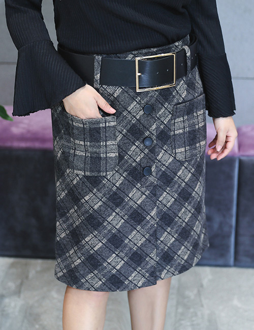 Fashion Black+gray Grid Pattern Decorated Simple Skirt