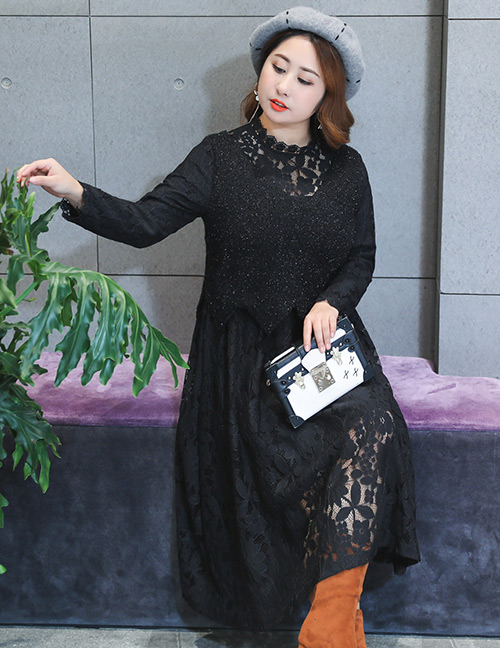 Fashion Black Wave Shape Design Hollow Out Thicken Dress